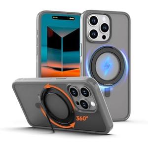 Magnetic for iPhone 15 Pro Max Case Grey with 360° Rotatable Invisible Ring Stand Designed，Compatible with MagSafe，Translucent Matte Grey Bumper Shockproof Decompress Slim Military Grade Case