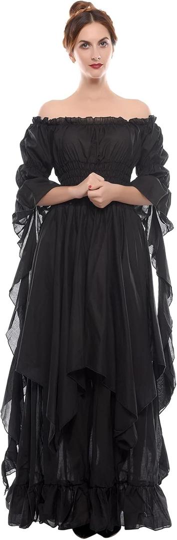 LTAKK Renaissance Dress Women Medieval Costume Victorian Dresses Peasant Gothic Fairy Witch Wedding Under Dress (Small-Medium, Black)