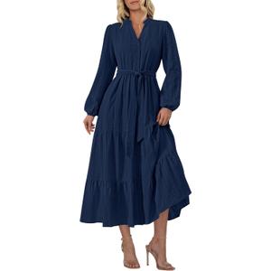 PRETTYGARDEN Womens V Neck Long Sleeve Maxi Dresses 2026 Spring Casual Button A Line Flowy Formal Wedding Guest Cotton Dress (L)