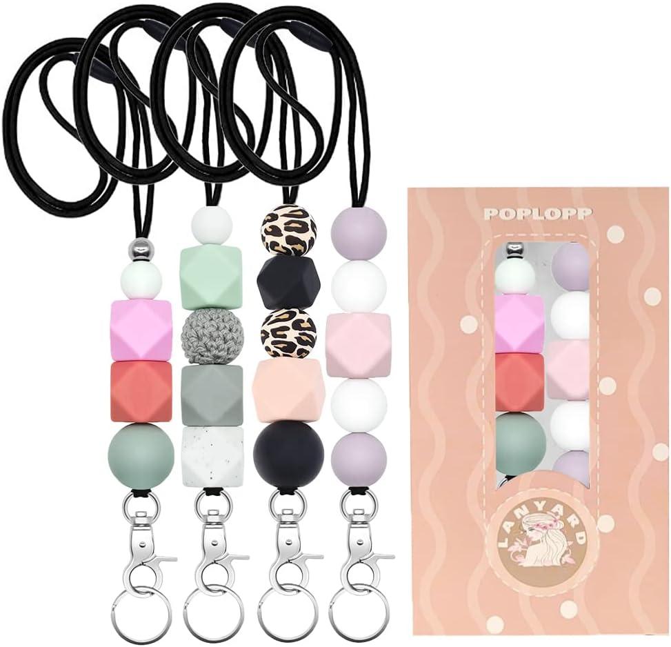 4PCS Cute Lanyards for Id Badges and Keys for Women TeacherDurable Silicone Beaded Breakaway Lanyard with Keychain for Nurse Students Employees Office Worker