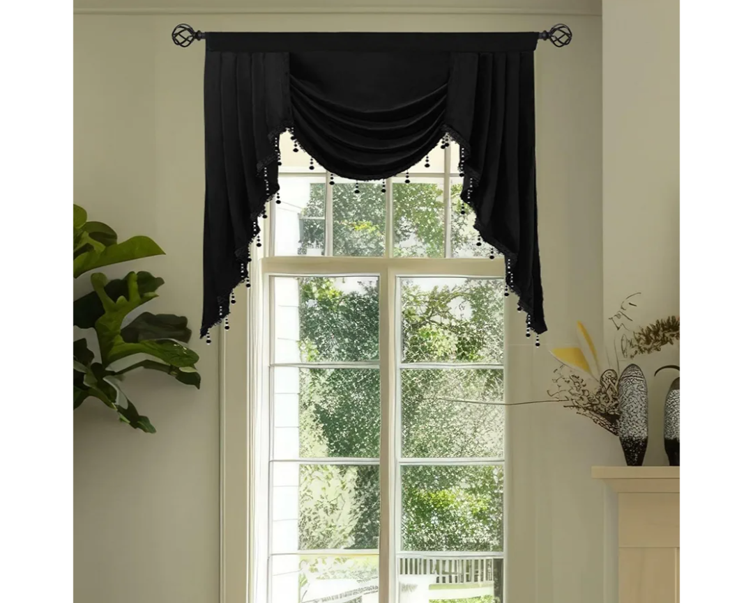 KNEOQIT Luxury Black Velvet Curtain Valance, Soft Touch Rod Pocket Valance with Bead Tassels, Waterfall Valance for Kitchen,Dining Room 39 Inch,1 Panel