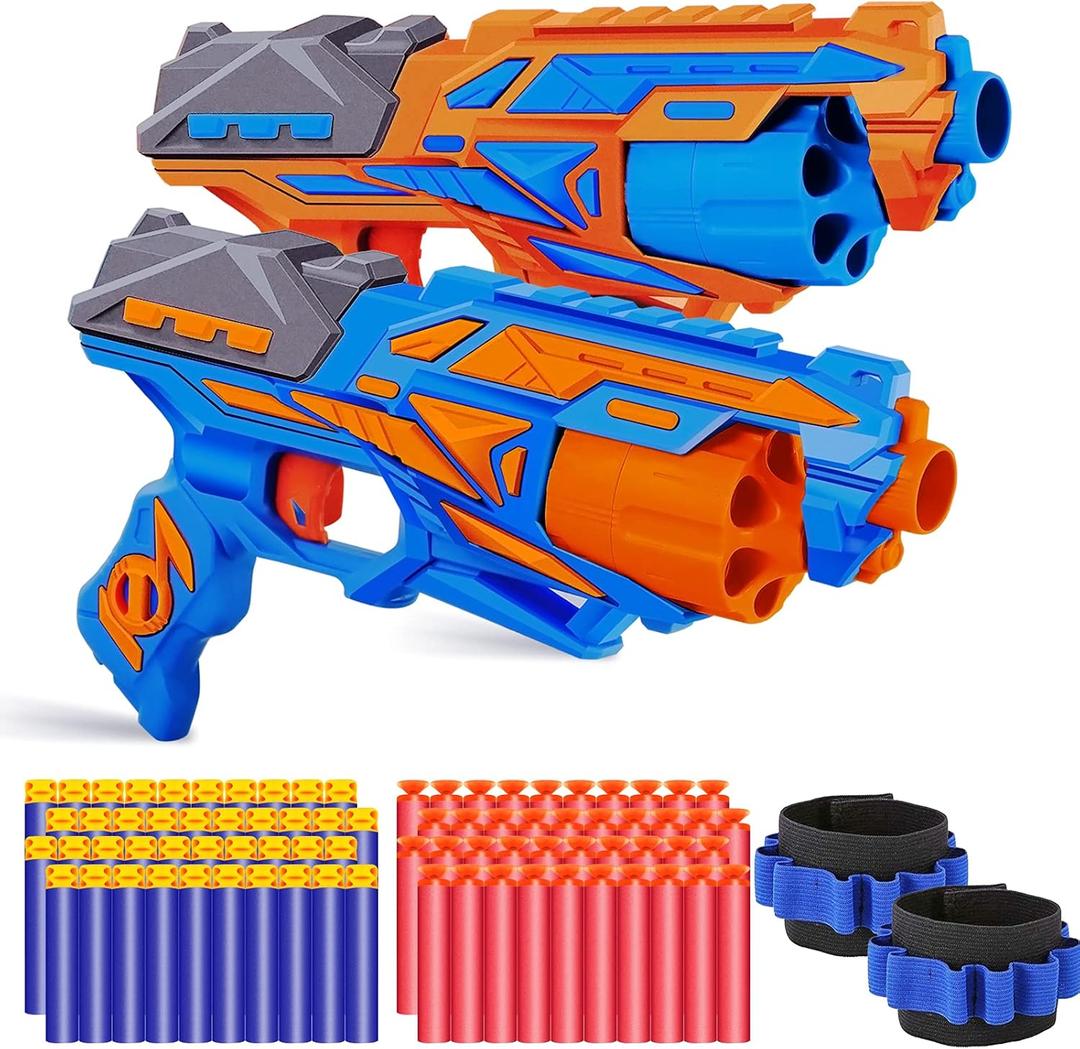 POKONBOY 2 Pack Toy Foam Blaster Gun, Blaster Toy Gun with 2 Wristbands and 80 Pcs Refill Darts 6-Dart Rotating Drum Toy Blaster Compatible with Nerf Gun Birthday Gift for Kids Age 6+ (Blue & Orange)