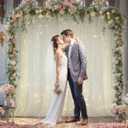 10x10ft Ivory Tulle Backdrop Curtain with Lights String for Parites, Sheer Photo Backdrop Curtain Drapes for Wedding Baby Shower Birthday Party Photo Shoot Decorations