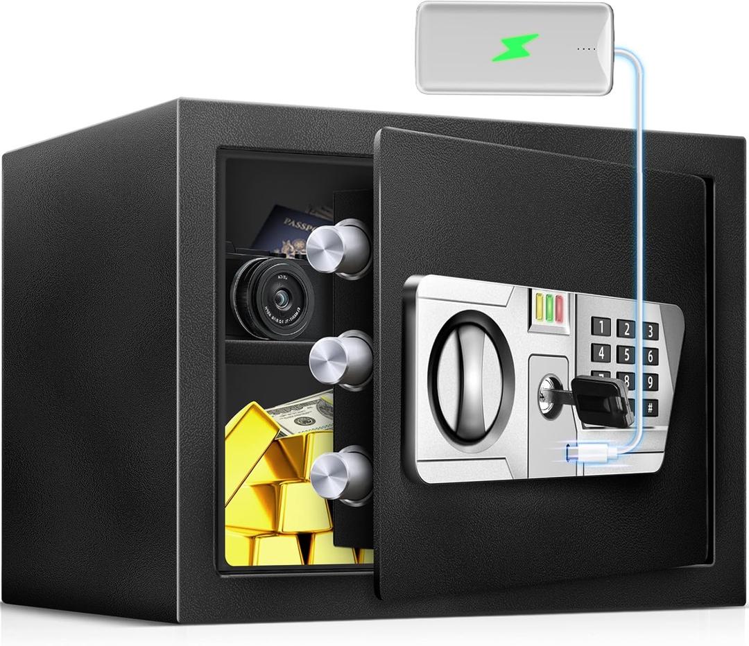 TOTOY 1.5 Cu Ft Small Safe Box For Home Documents with Type-C External Power - Steel Security Safe and Lock Box with Electronic Keypad, LED Sensor Light- Safety Box For Cash, Jewelry, Valuables (1.5 Cubic Feet)