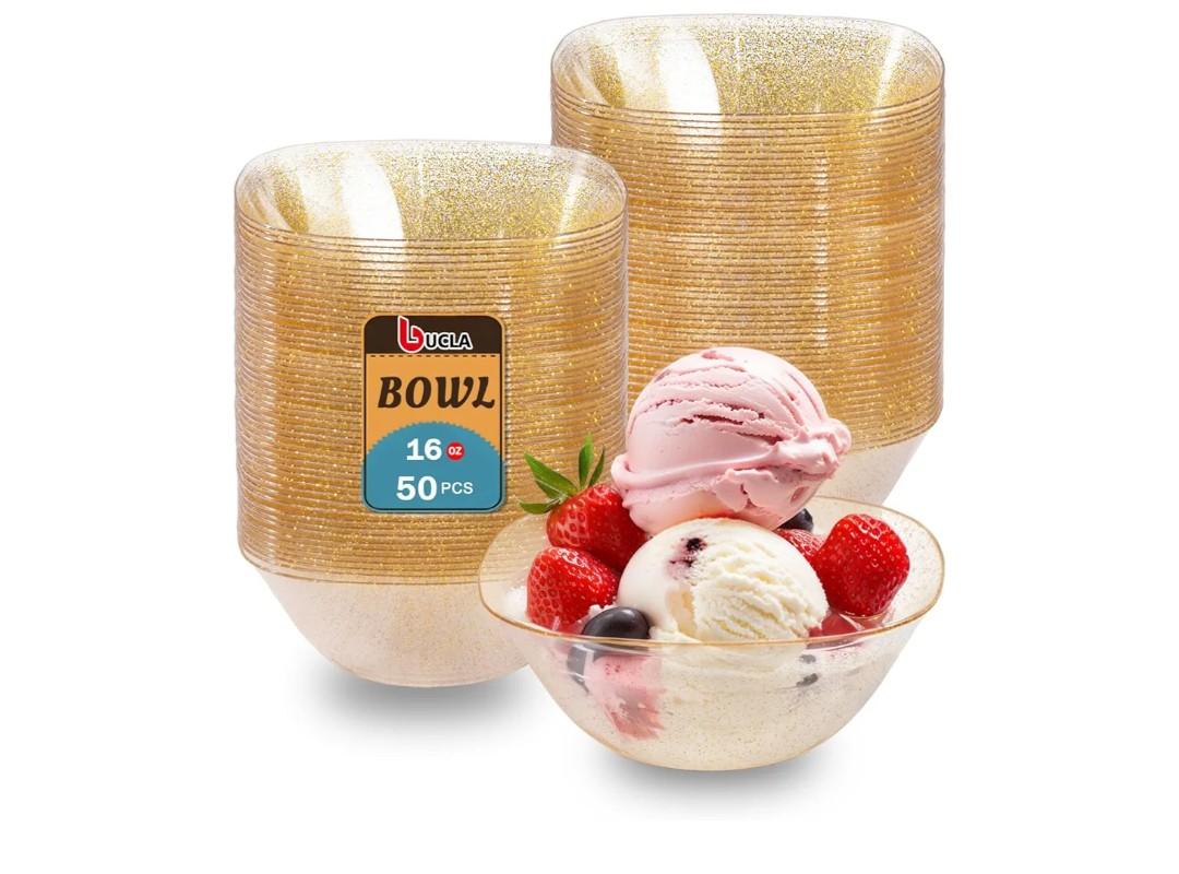 bUCLA 50Pack Gold Glitter Plastic Serving Bowls - 16oz Disposable Serving Bowls for Party Dessert/Ice Cream/Salsa/Snack