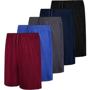 QWE 5 Pack Boys Athletic Shorts, Youth Basketball Soccer Quick Dry Shorts with Pockets for Kids Outdoor Running Gym (Black, L)