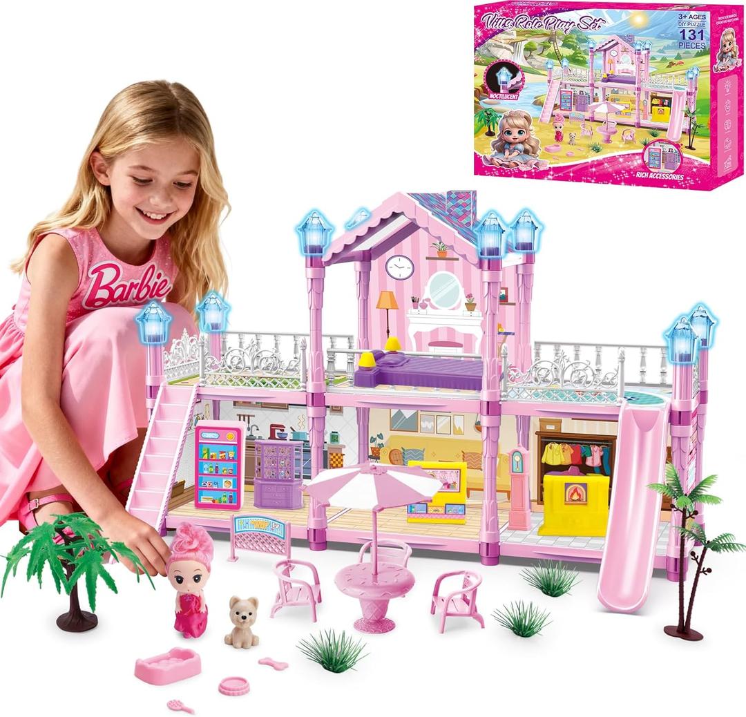 Doll House for Girl with 1 Princess, 2 Floors -4 Rooms, 131 Accessories Includes Dog and Furnitures, Design and Build Gift for 3 4 5 6 7 8+ Year Old Girls (Pink)