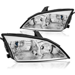 Headlights Assembly Pair Compatible with 2005 2006 2007 Ford Focus ZX3 ZX4 ZX5 SE ST Halogen Headlamps Replacement Driver and Passenger Side,Chrome Housing Clear Reflector