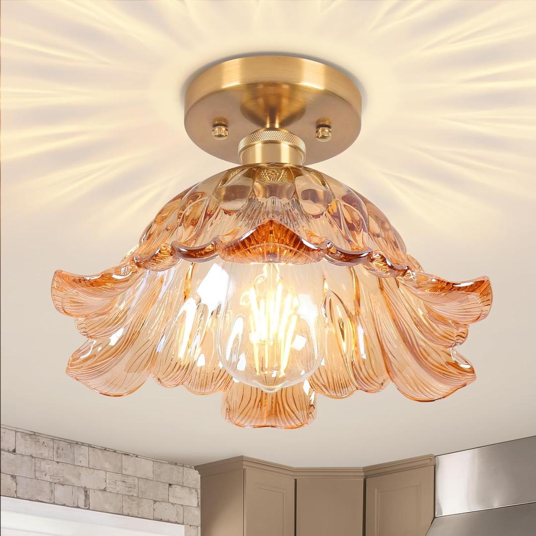 Semi Flush Mount Ceiling Light,Hallway Vintage Lights E26 Fixture Ceiling Green 11" Vintage Light Fixtures for Closet Hallway Kitchen Dining Room (Flower Amber)