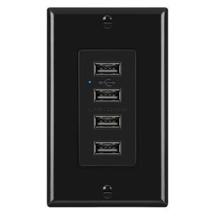 BESTTEN USB Receptacle Outlet, 4.2A/21W High-Speed 4 Port USB Wall Charging Outlet 125VAC Input, Quad Type-A Ports with LED Indicator, Decorator Wallplate Included, UL Listed, Black