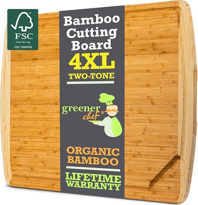 FSC Certified 36 x 24 Inch Extra Large Bamboo Cutting Board with Lifetime Replacements  4XL Butcher Block, Oversized Carving & Charcuterie Board, Stovetop Cover for Kitchen Counter Space (Two-Tone)