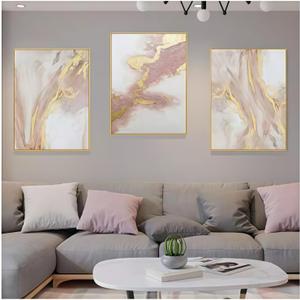 3 Piece Living Room Pink Wall Art, Framed Gold Abstract Painting Water Flow Shape for Bedroom,Modern Pink Wall Decor Home Decor Ready to Hang 24x48 inches (GMD-110)