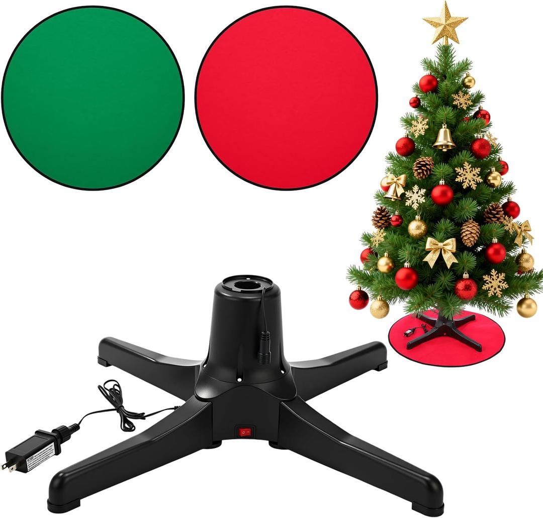 Hortsun 360 Degree Rotating Christmas Tree Stand with 30'' Mat Electric Revolving Base Stand Holder for up to 7.5ft Spinning Xmas Tree with Built-in Electrical Outlet and 2 Settings Trunk Diameter
