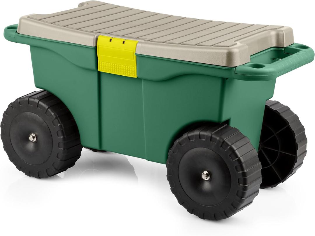 Rolling Garden Cart with Seat - Plastic Storage with Bench and Interior Tool Tray - Gardening Stool for Weeding and Planting By Pure Garden (Green) (Dark Green/Black/Grey)
