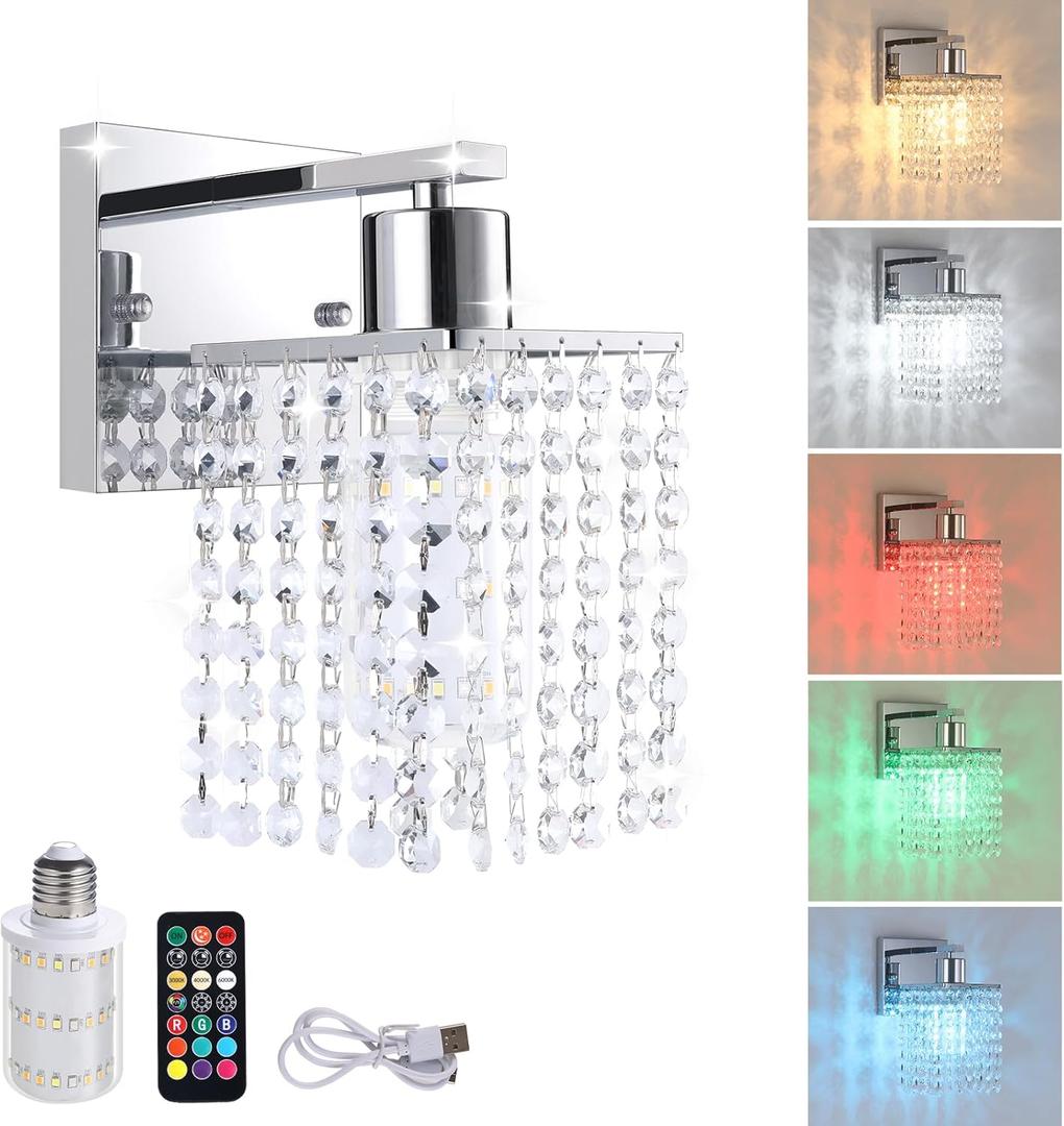 Crystal Battery Operated Wall Sconce, Rechargeable Wall Lamp with 5200mAh Battery & Remote Control, Modern Dimmable Wireless Wall Lights Fixture for Bedroom Bathroom (Clear, Silver Base)