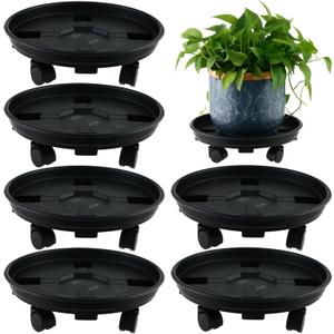 6 Packs 13 Inches Large Plant Caddy with Wheels Plant Saucers on Wheels Rolling Plant Stands Heavy-duty Plant Dolly Plastic Planter Roller Base Pot Movers Outdoor Plant Tray Coaster, Black