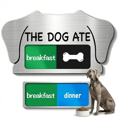 Dog Feeding Reminder Sign with Magnet, Pet Feed Tracker with The Dog Ate, Acrylic Unique Ear Shape 2 Area with Breakfast and Dinner, Silver with 2 Stickers, 5.5" x 3"
