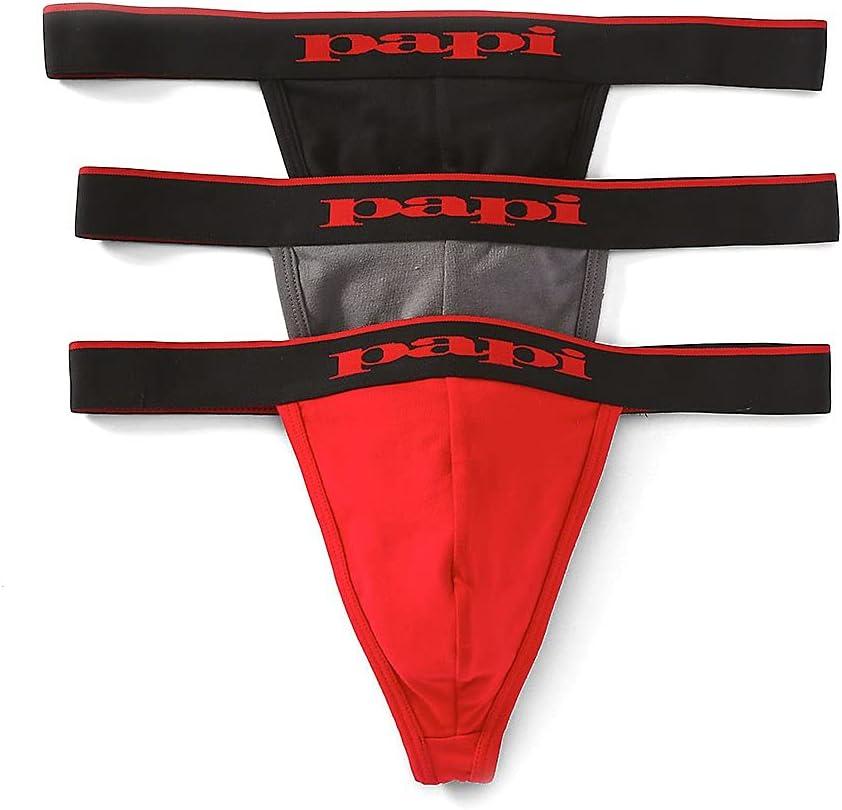 Papi Men's 3-Pack Premium Fashion Cotton Active Stretch Thong (Large, Red/Grey/Black)