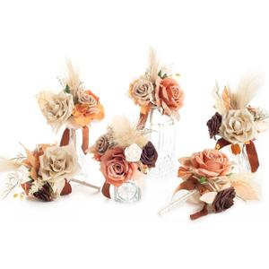 Ling's moment Artificial Flowers Centerpieces Mini Bridesmaid Bouquets Set of 6 Pre-Made Lilac Small Floral Wedding Centerpieces (Brown & Rust)…