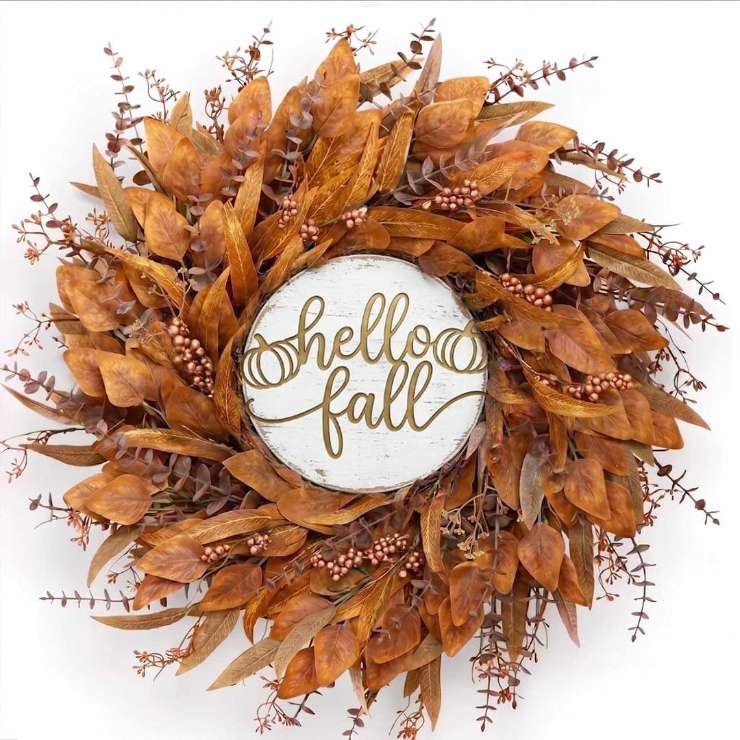 32" Artificial Fall Eucalyptus Wreath with Seeds for Front Door(Orange) 3 Different Shape of Eucalyptus Leaves,Large Size,Full & Vivid,for Autumn Porch Wall Window Fireplace Farmhouse Harvest Decor