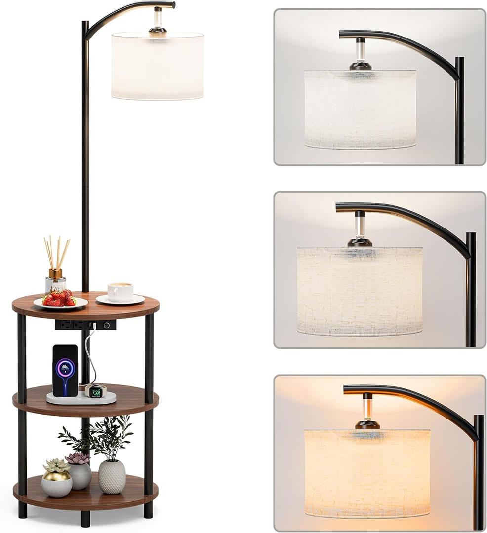 Round Side Table with Lamp and USB Ports, 3-Tier Small End Table for Living Room & Bedroom, Rustic Wood Metal Nightstand for Small Spaces, Easy to Assemble, Rustic Walnut (39.9D x 39.9W x 57.9H ) (1-Pack, Built-in Charging + Lighting, Rustic Walnut)