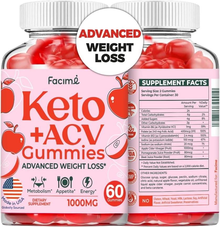 Premium Keto ACV Gummies  Keto Gummies Supplement for Women and Men, with 1000MG Apple Cider Vinegar & Vitamin B12, Detox & Cleanse  Vegan, Non-GMO, Made in USA  60 Gummies (EXP 05/01/26)
