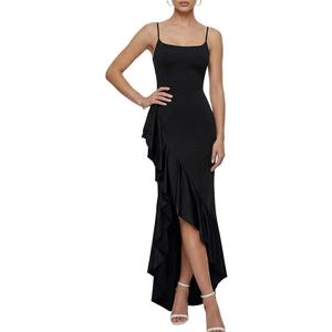 Women’s Elegant Ruched Maxi Dress – Spaghetti Strap Bodycon Party Dress with Slit & Open Back XS