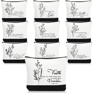 Huhumy 10 Pcs Christian Religious Gifts for Women Bulk, Inspirational Bible Verse Cosmetic Bags, Canvas Makeup Bag Pencil Pouch for Church Mother Women Coworker Team