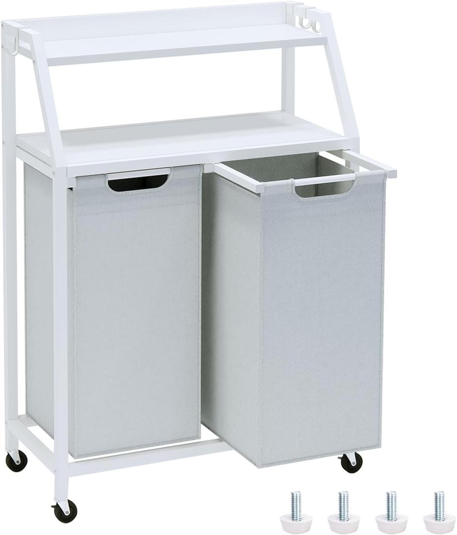 Laundry Hamper, Laundry Sorter 2 Section, Rolling Laundry Basket with Wheels, 2 Shelves, 2  14.5 Gal, Pull-Out and Removable Oxford Fabric Bags, for Laundry Room, White and Grey