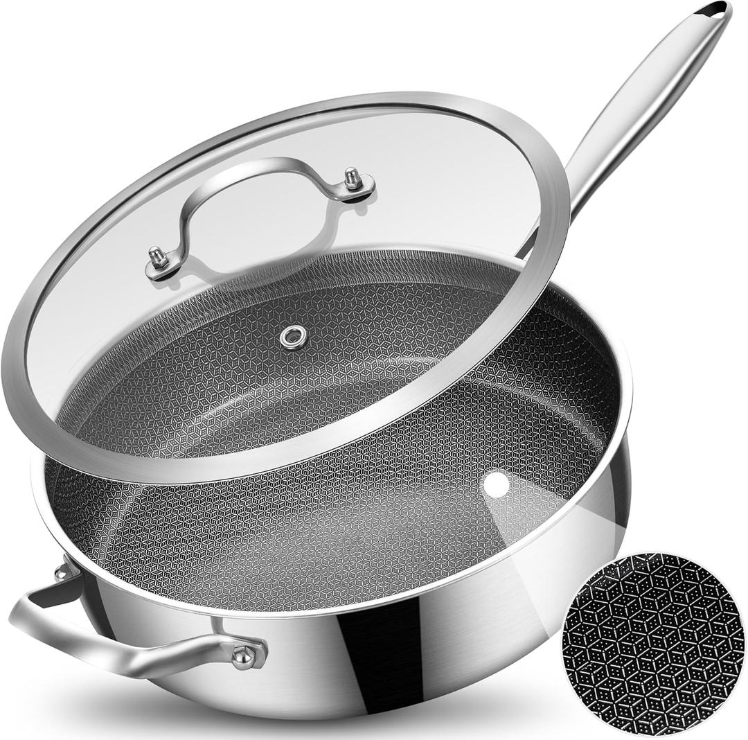 LOLYKITCH 5 QT Hybrid Ceramic Coating Non Stick Tri-Ply Stainless Steel Saut Pan with Lid, 12 Inch Deep Frying Pan PFOA & PFOS Free,Induction Cooking Pan, Dishwasher and Oven Safe