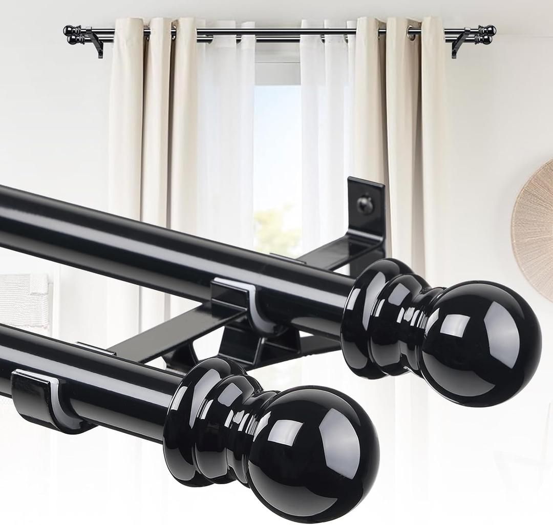 Double Curtain Rod 28-42 Inch, 1 Inch Heavy Duty Adjustable Drapery Rod Set with Brackets, Decorative Curtain Rod for Sheer, Blackout Curtains, for Kitchen Bedroom Living Room Windows -Black