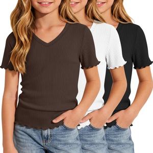 LessonZoo 3 Pack Girl T-Shirts Short Sleeve V Neck Lettuce Trim Fitted Ribbed Kids Tops Teen Cute Tees Summer Clothes Fashion(Black, White, Brown,13-14 Years)