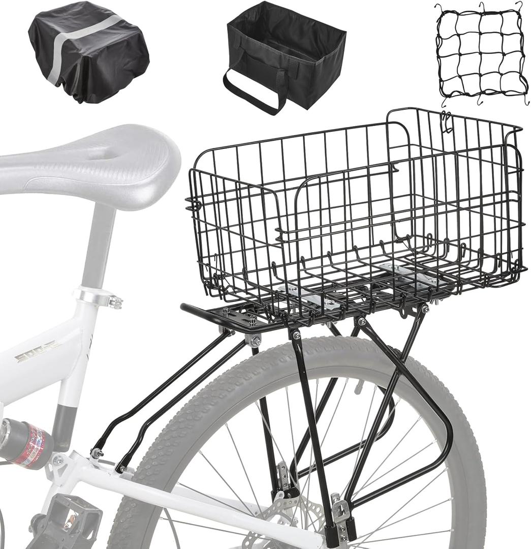 Rear Bike Rack with Basket- Bicycle Cargo Rack with Waterproof Cover, Liner and Cargo Net, Bike Storage Basket for 26" - 29" and 700c Bikes