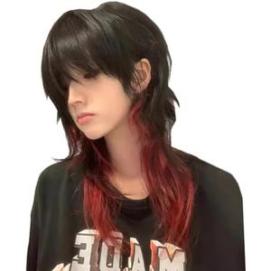 TEDPRBGE Mullet Wig Black Mix Red Wolf Cut Layered With Bang Heat Resistant Natural Looking for Women