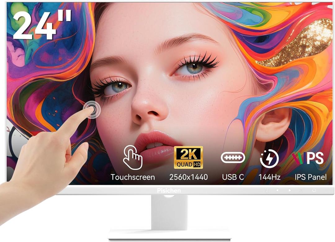 24 Inch Touch Screen Monitor 2K(2560x1440P) IPS Computer Display, 144Hz Gaming Monitor, HDMI USBC DP Ports, Frameless, VESA, White