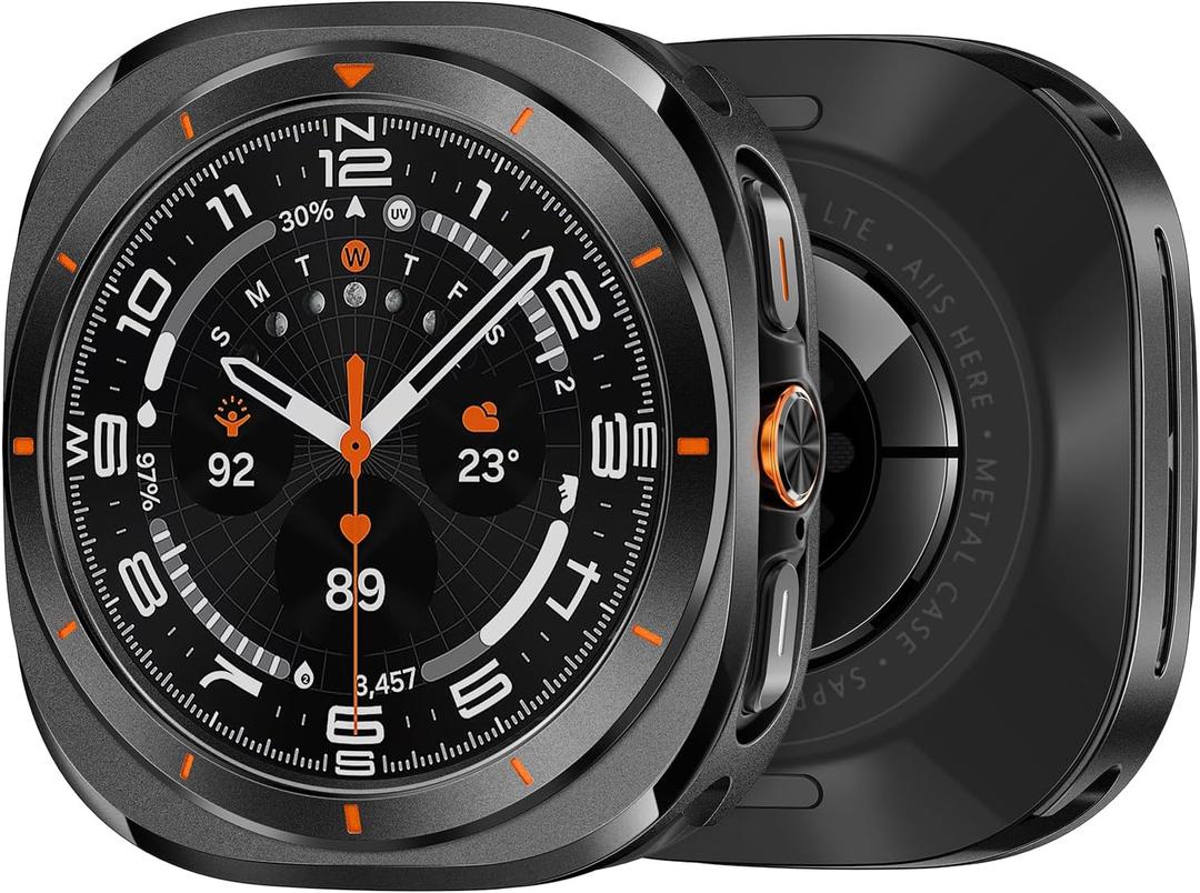 Suitisbest Metal Case for Samsung Galaxy Watch Ultra 47mm Case, Stainless Steel Protective Rugged Bumper Thin Frame with Ceramic-Like Back Cover for Galaxy Watch Ultra 47mm for Men Women (Titanium Black-Orange Scale)