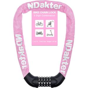 NDakter Bike Lock, 5 Digit Combination Heavy Duty Anti Theft Bicycle Chain Lock, High Security Resettable, Suitable for Bike, Scooter, Door, Gate, Fence-4/6mm Thick Size: 4.27 Ft Long, 0.24 in Thick