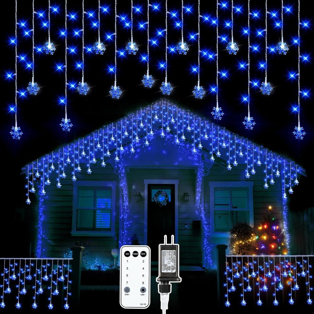 Christmas Snowflake Icicle Lights, 33 ft Outdoor Snowflake Lights with Remote 8 Mode Waterproof 380 LEDs 76 Drops for Curtain Eaves Garden Indoor Outdoor Xmas Home Decor Wedding (Blue)