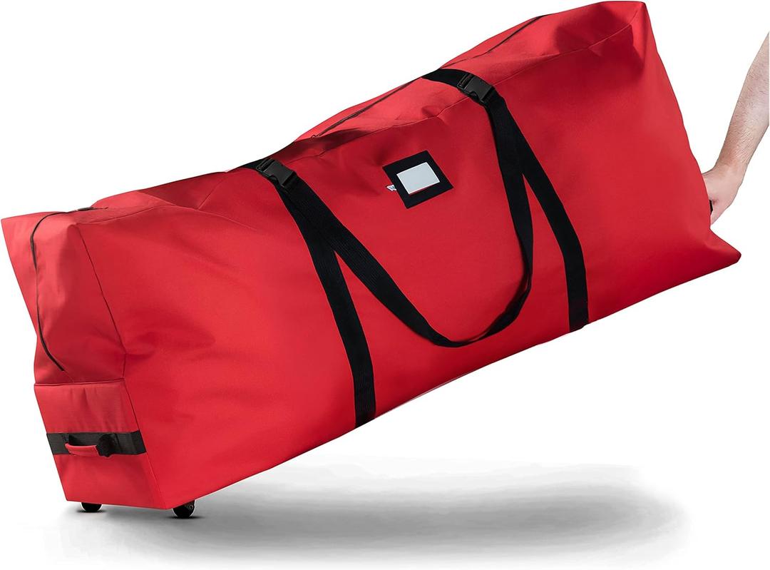 2 x ZOBER 600D Oxford Fabric Rolling Christmas Tree Storage Bag - Fits 7.5 Ft Artificial Trees - Waterproof Christmas Tree Bag For Storage Box For Xmas, Durable Handles and Wheels - Card Slot - Red