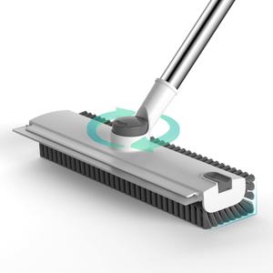 Floor Scrub Brush with Long Handle Length Adjustable, 3 in 1 Heavy-Duty Stiff 90 Bristle Floor Scrubber Broom with Squeegee, for Bathroom, Garage, Kitchen, Tile, Deck & Patio (White)