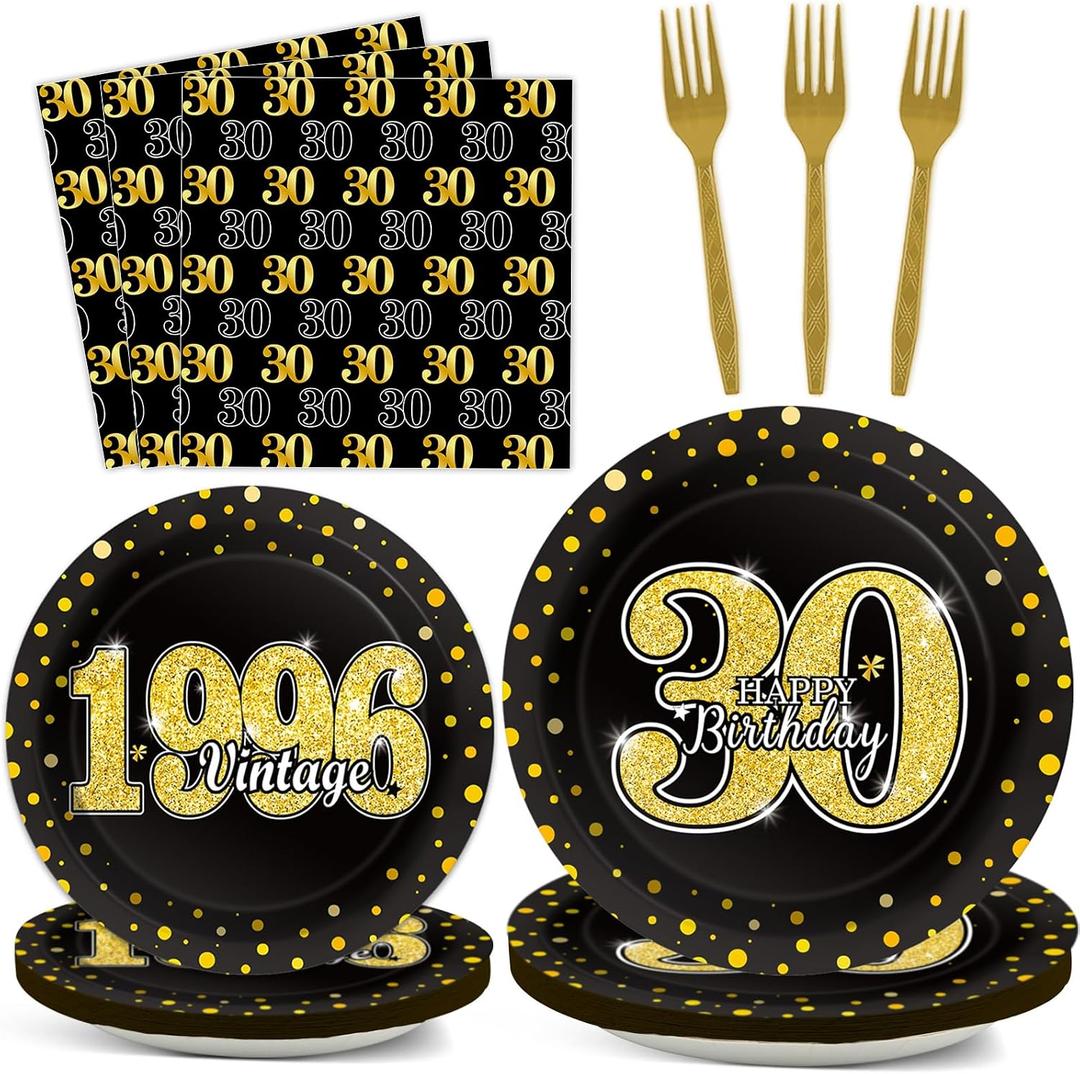 96PCS 30th Theme Birthday Party Tableware Vintage 1996 Party Supplies 30 Year Old Birthday Decorations Plates Napkins Forks Black and Gold Dinnerware Favors for Men or Women