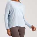 Cotton Shirts Long Sleeve Workout Tee for Women Loose Fit Athletic Yoga T-Shirts Casual Boat Neck Fall Tops (Blue, S)