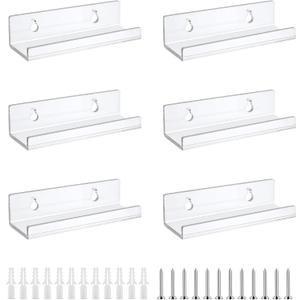 6 Pcs Clear Vinyl Record Display Shelf Wall Mount, Acrylic Vinyl Display Shelf, 4 Inch Album CD Hanger Floating Holders for Home Office