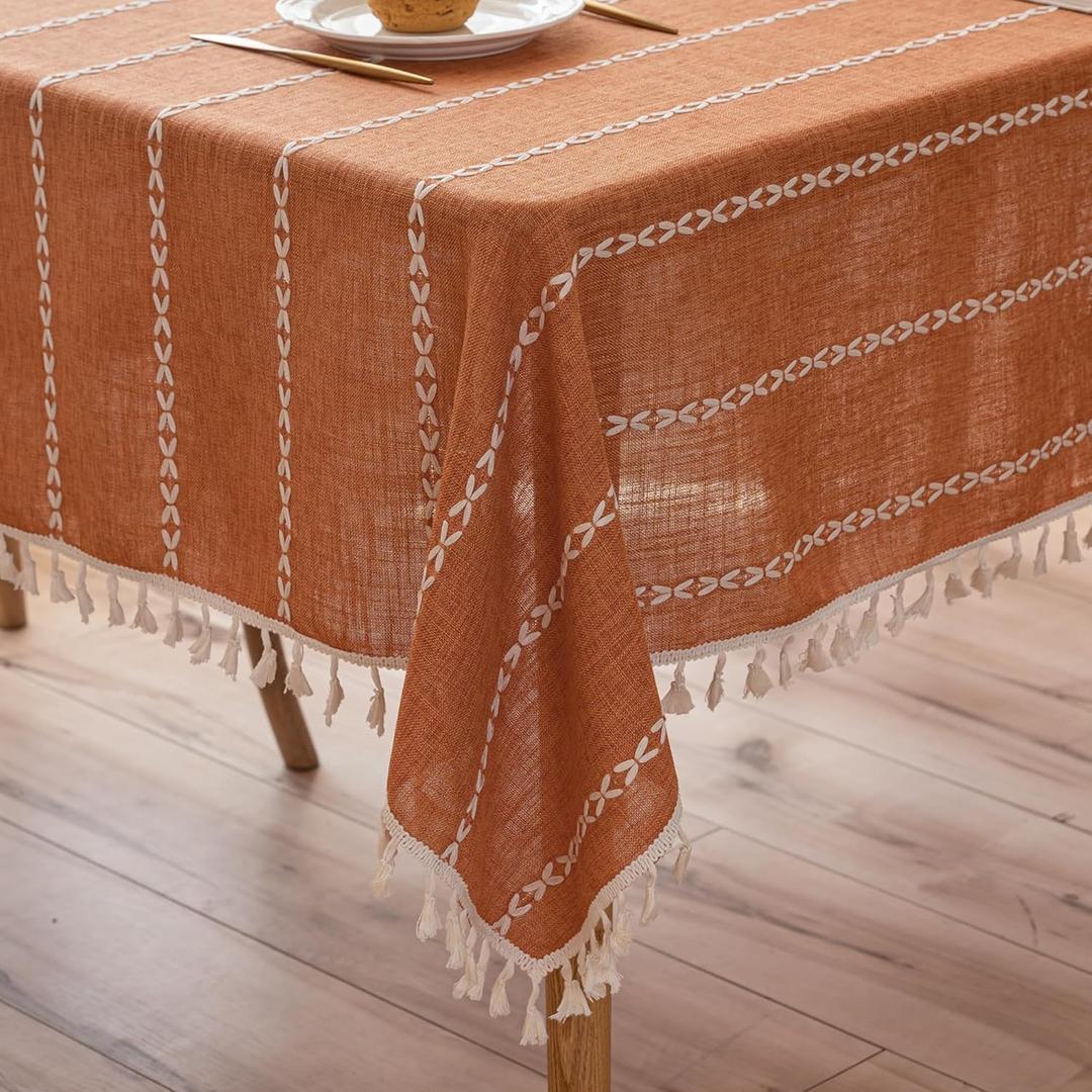 Burnt Orange Linen Tablecloth for Rectangle Table Farmhouse Boho Burlap Table Cloth with Tassel Kitchen Dining Room Rustic Oblong Terracotta Table Cover for Autumn Fall Halloween Party, 55x86 Inch