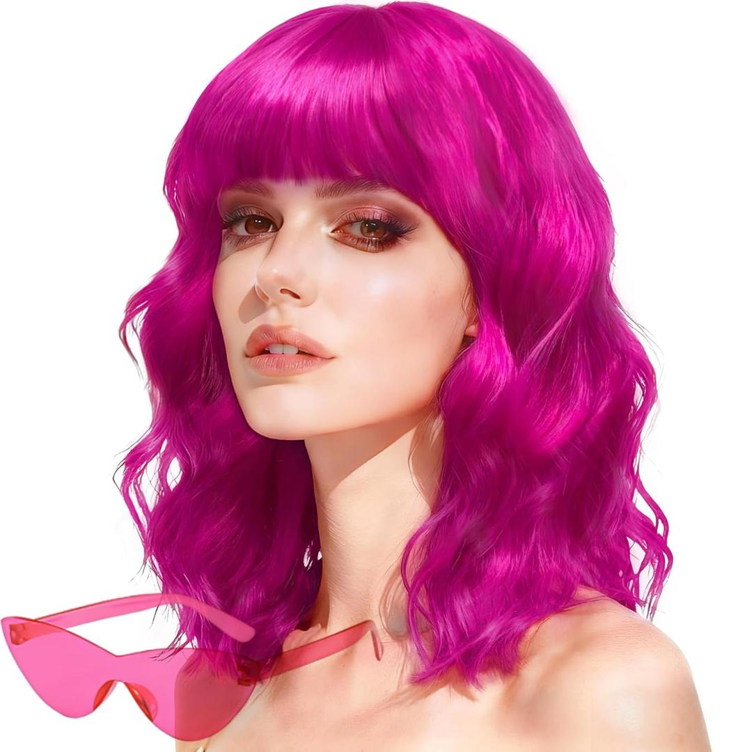 Wavy Wig and Sunglasses Set - 15 Inch Wavy Wig With Bangs - Heat Resistant Shoulder Length Curly Bob Wigs for Women - Bachelorette Party Costume Cosplay (Rose+Purple)