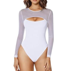Avidlove Womens Mesh Long Sleeve Bodysuit Crew Neck Sexy Bodysuit Double Lined Thong Basic Top White M