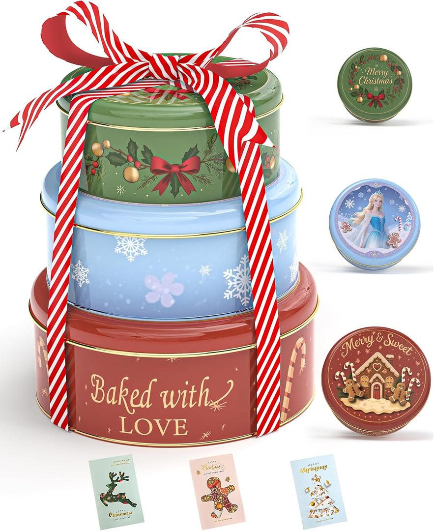 Christmas Cookie Tins with Lids, Set of 3 Larger Holiday Containers for Homemade Cookies, Gifts, Treats, Reusable Round Metal Storage Boxes with 3 Premium Greeting Cards & 16.5ft Ribbon