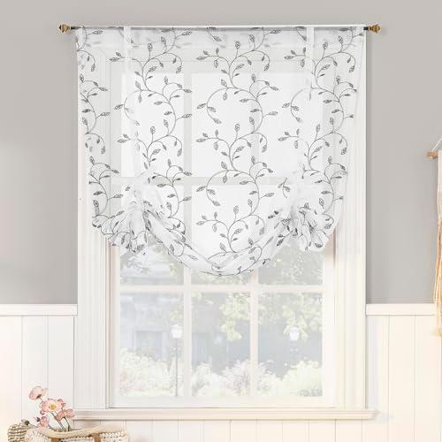 No. 918 Francine Embroidered Foliage Semi-Sheer Rod Pocket Window Tie-up Balloon Shade, White/Gray, 42" W x 63" L
