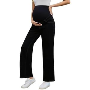 Ecavus Women's Maternity Jeans Over Belly Wide Leg Comfy Stretch Denim Pants with Pockets, Size XL