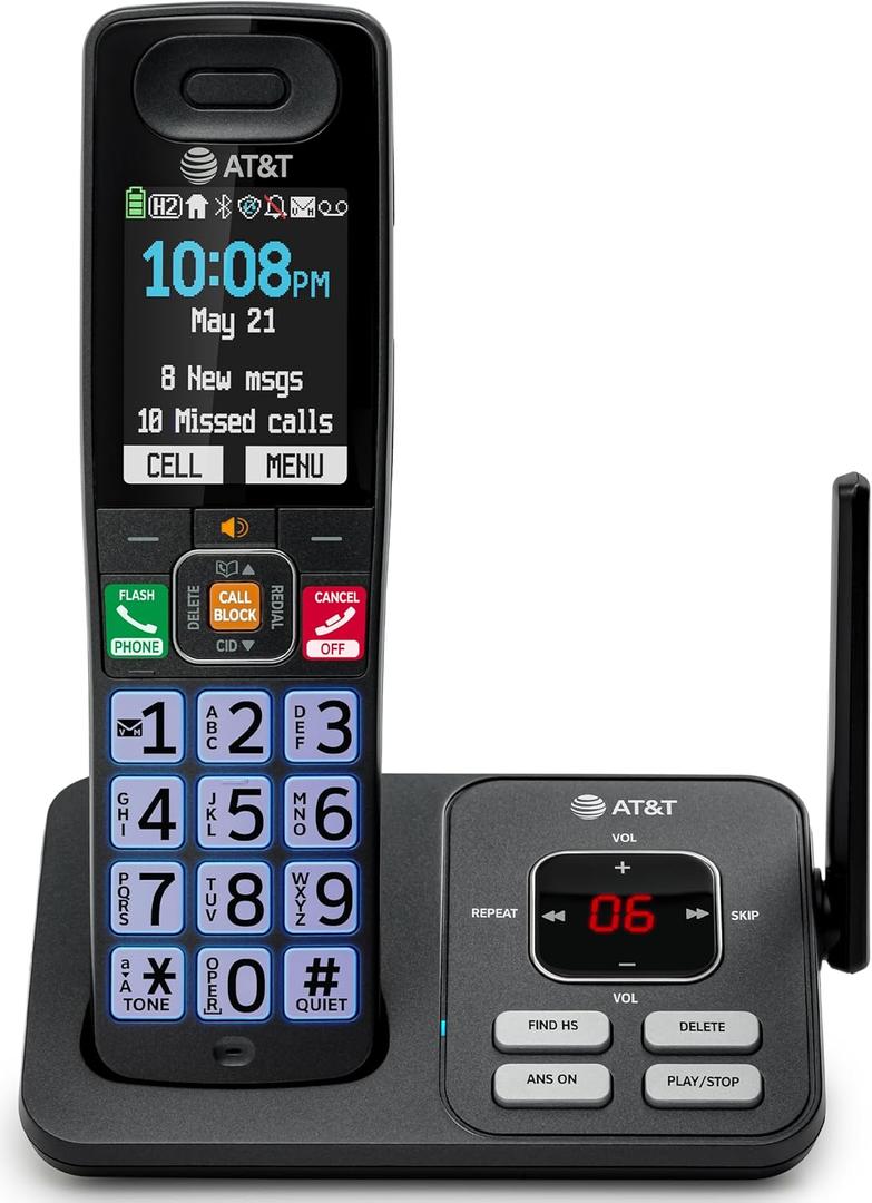 AT&T Cordless Phone, Landline Phones for Home with Smart Call Blocker, 1 Handsets Bluetooth Phone, Large Color Display, Big Buttons, Long Range, Digital Answering System: BL108 (Charcoal & Silver)